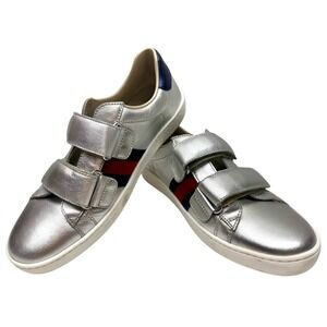 Gucci Silver Leather Ace Web Low Top Sneakers Size 34